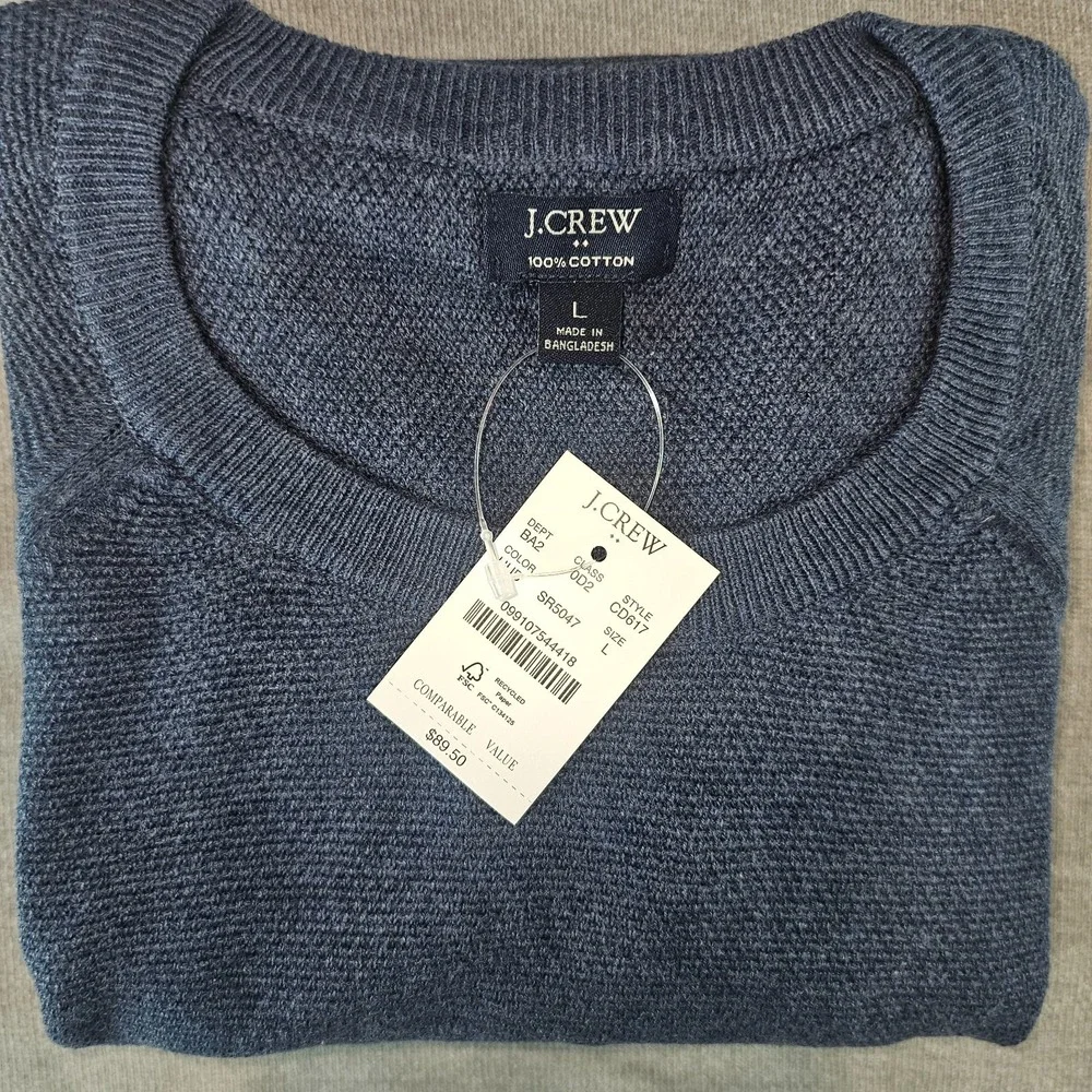 J.Crew Crewneck Sweater Men's Large Blue 100% Cotton Textured Raglan L CD617